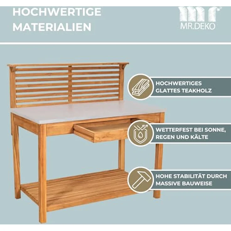 MR. DEKO Pflanztisch Hampton, Teakholz mit verzinkter Arbeitsplatte, wetterfest, Schublade, 115x66x124cm – Bild 5