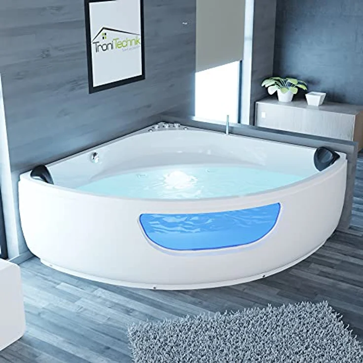 Tronitechnik® Eckbadewanne mit Whirlpool 135x135cm mit Sitz, Acrylwanne für zwei Personen, Eck-Badewanne mit Armatur, freistehend und vormontiert, Indoor Whirlpoolbadewanne mit LED – Bild 1