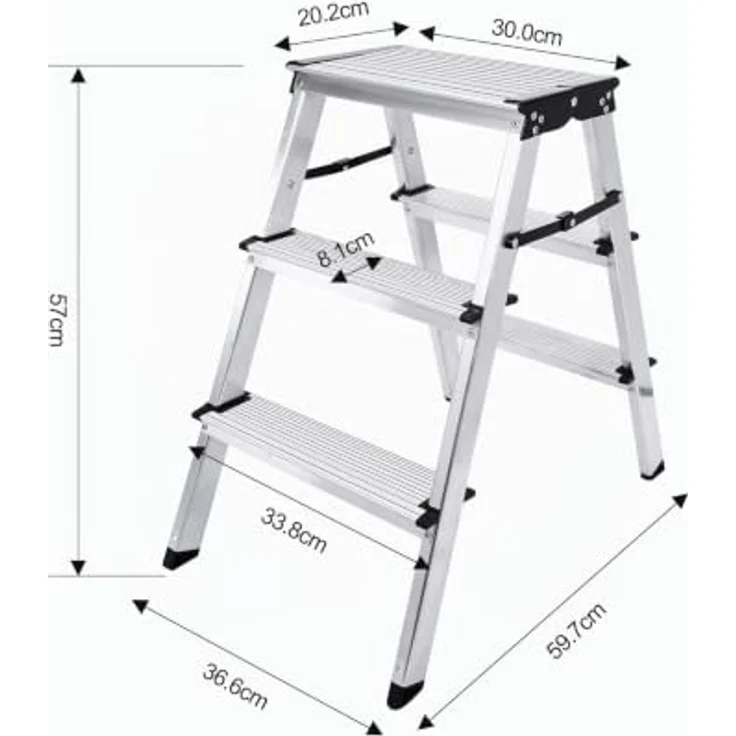Sweetcrispy Aluminium Stehleiter, Trittleiter mit 3 rutschfesten Stufen, klappbar und leicht, bis 150 kg belastbar, Silber – Bild 3