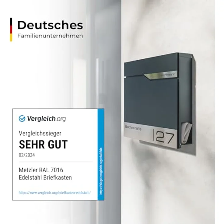 Metzler® Briefkasten Anthrazit, Wandbriefkasten mit Zeitungsfach, personalisierbar mit Lasergravur, rostfreies Edelstahl-Namensschild, 10 Jahre Ersatzteilversorgung – Bild 2