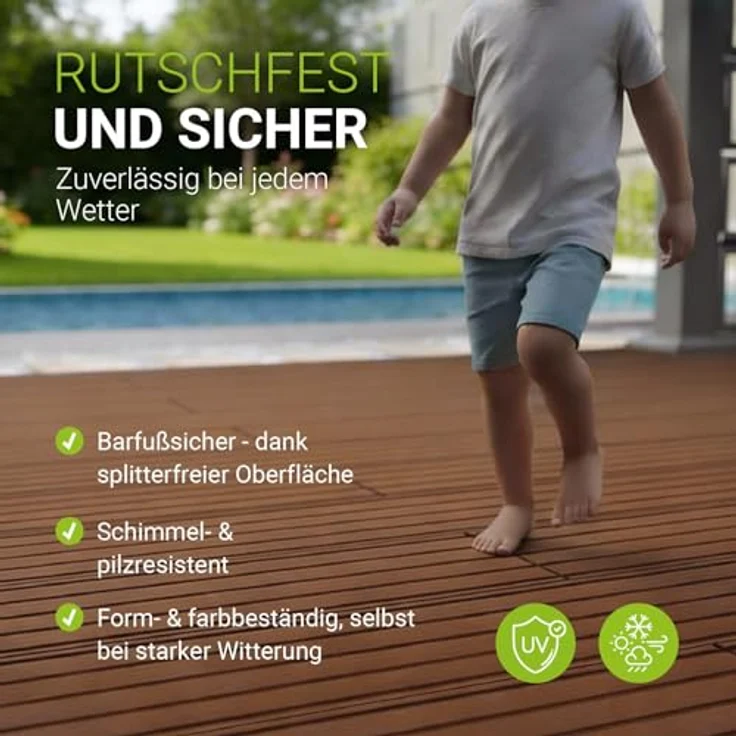Juskys WPC-Terrassendielen, 20 m² Komplett-Set, witterungsbeständig, raue Oberfläche, Belastbarkeit bis 330 kg/m², Farbe Teak – Bild 2