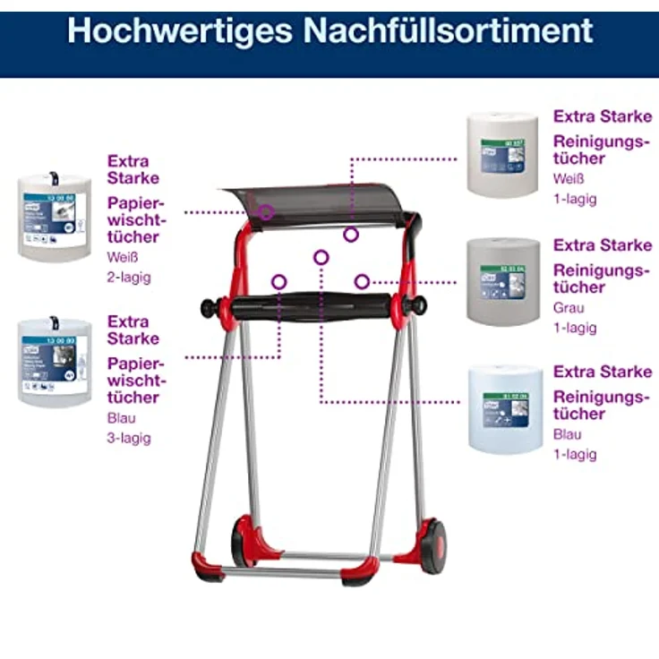 Tork Bodenständer für Wischtuchrollen W1, mobil, hohe Kapazität, rot und schwarz, Performance Linie, 652008 – Bild 2
