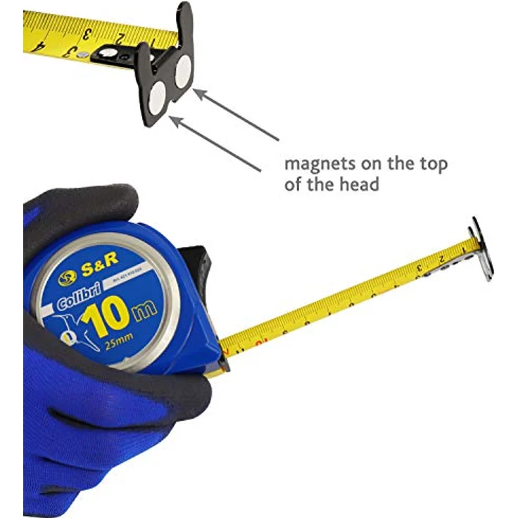 S&R Bandmaß 10 m x 25mm mit MAGNET-Haken, KOMPAKTE Rollmeter Nylon-beschichtetes Massband, schlagfestes Gehäuse, Feststeller, Metermaß mit Gürtelclip, Blau – Bild 3