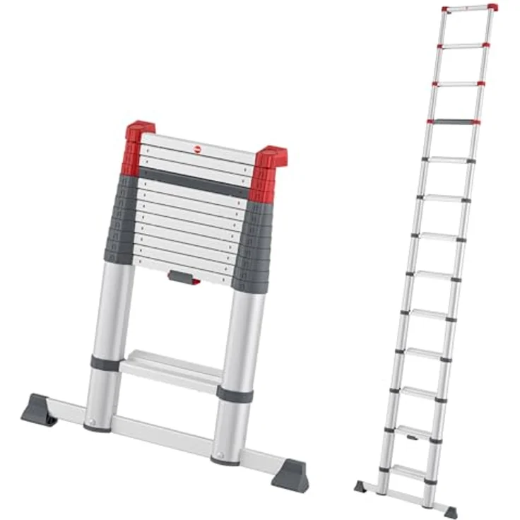 Hailo Master T100 FlexLine, Sicherheits-Teleskopleiter aus Aluminium, 13 Stufen, max. Arbeitshöhe 470 cm, belastbar bis 150 kg, Silber – Bild 1