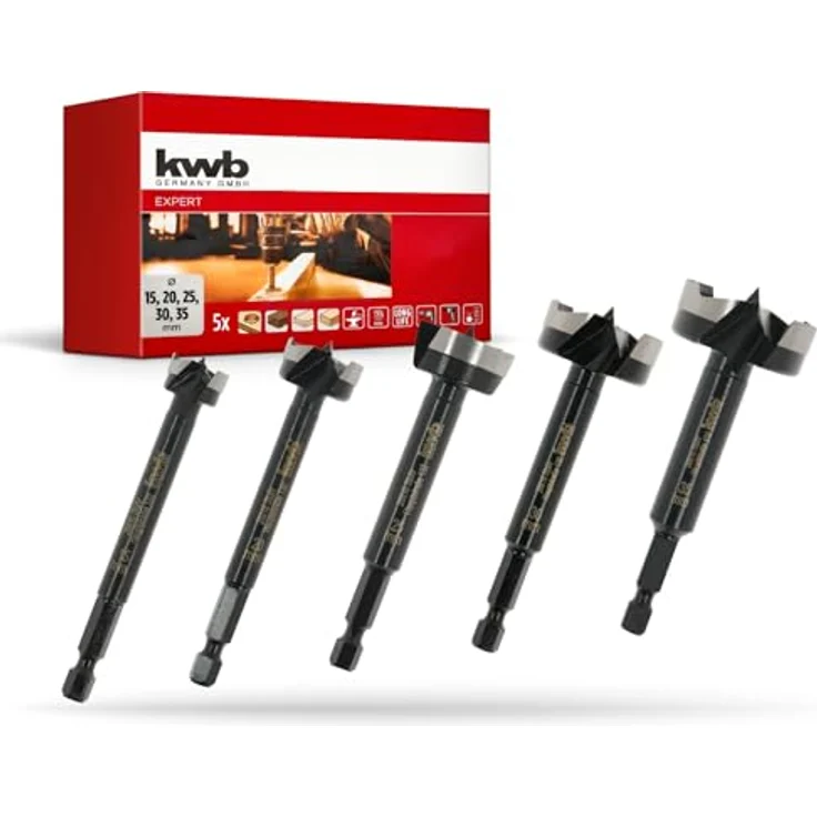 kwb Forstnerbohrer-Set 5-tlg. (15-35 mm, 88 mm Länge, Hex-Schaft, ausrissfreie Bohrlöcher, langlebig, für Hart-/Weichholz, inkl. Holzkassette) – Bild 1