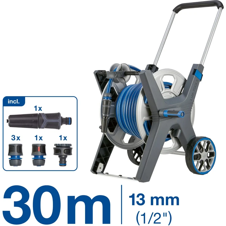 Lux-Tools Schlauchwagen-Set Pro mit 30m Kreuzgewebeschlauch, Metalltrommel, rostfrei, gummierte Räder, einklappbare Kurbel, 1/2 Zoll, bis 60m erweiterbar