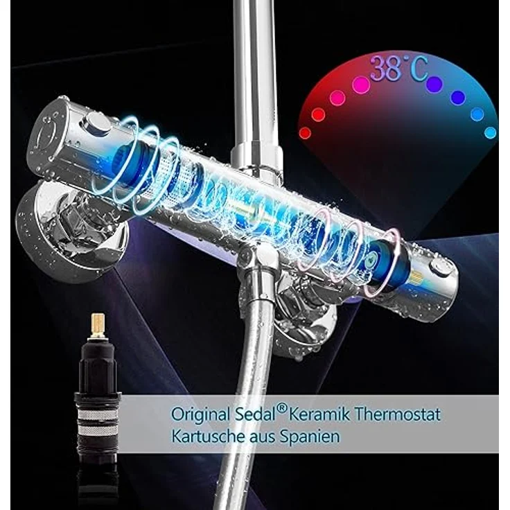 Görbach Regendusche Duschsystem mit Thermostat, 25 cm Kopfbrause, Chrom, höhenverstellbare Duschstange – Bild 3