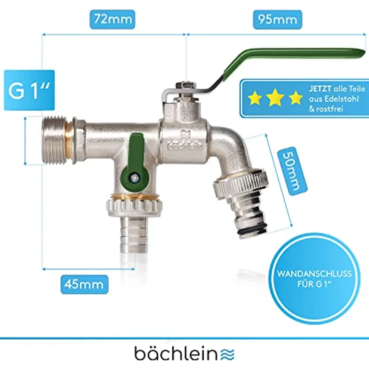 Bächlein Universal Doppel Auslaufhahn mit Reduzierungs-adapter für 1" Wandanschluss - Auslaufhahn mit 1/2 und 3/4 Zoll Anschluss – Bild 4