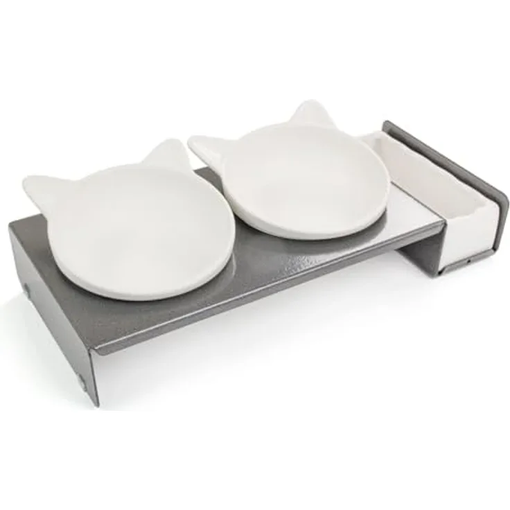 CanadianCat Company | Cat Diner Futterbar, erhöhte Schüssel, Metallkonstruktion, grau/weiß, ca. 40,5 x 18,5 x 7 cm