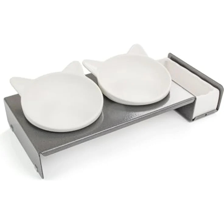 CanadianCat Company | Cat Diner Futterbar, erhöhte Schüssel, Metallkonstruktion, grau/weiß, ca. 40,5 x 18,5 x 7 cm – Bild 1