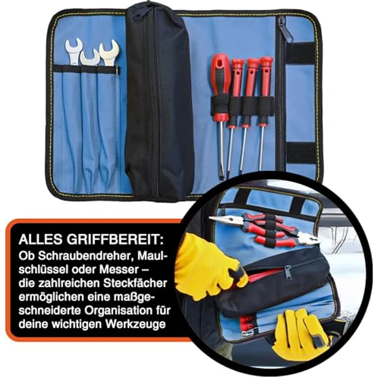 YPC VarioRoll M, Werkzeugrolltasche 36x25cm mit 2 Reißverschlusstaschen, 4 Steckfächern und 4 Schlaufen, wasserfestes Oxford 600D Polyester, leicht und kompakt – Bild 3