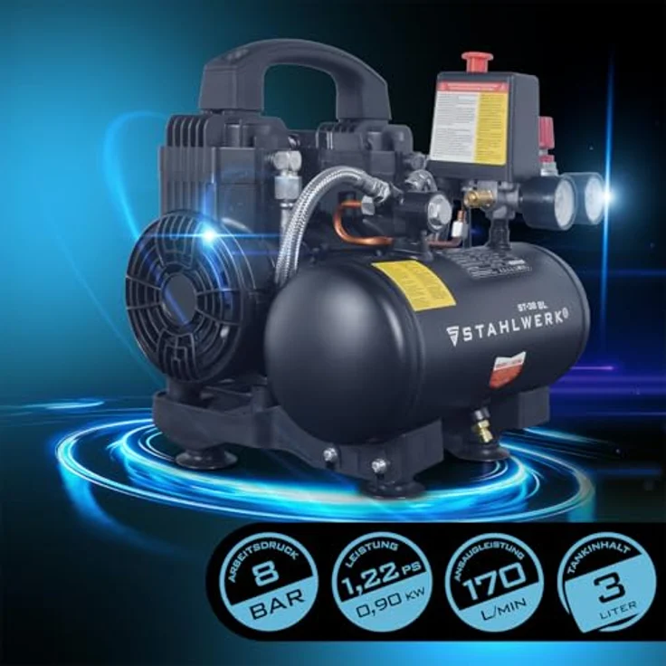 STAHLWERK Kompressor ST-38 BL, ölfreier 8 bar Druckluftkompressor mit 1,22 PS, 3 L Kesselinhalt und 170 l/min Luftdurchsatz, leise mit 65 dB – Bild 3