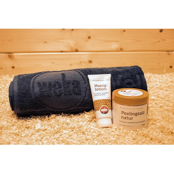 Weka Holzbau Sauna Zubehör Geschenkset "Verwhn Dich", Peeling-Salz, Honiglotion und Saunatuch, anthrazit
