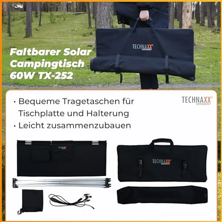 Technaxx 60W klappbarer Solar-Campingtisch TX-252, Monocrystalline Solarpanel-Ladegerät mit 3xUSB-Ladeanschlüssen, DC-Ausgang, Robustes Design - Ideal für Camping und Outdoor – Bild 5