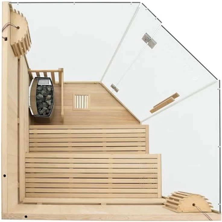 Artsauna Saunakabine Espoo150 Premium mit Harvia Ofen — 3 Personen — Hemlock Holz, Glasfront und LED Licht — Inkl. Thermometer & Sanduhr —Komplett Set – Bild 9