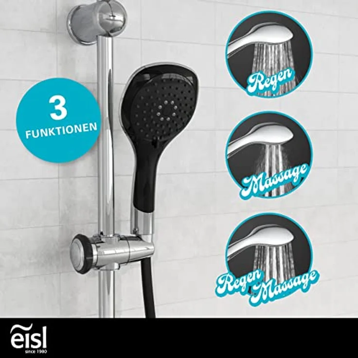 EISL Duschset DUSCHTRAUM Duschsäule mit Regendusche 200 x 200 mm und Handbrause, Regendusche mit Wandhalterung, DXLD60088CS, Chrom/Schwarz – Bild 3