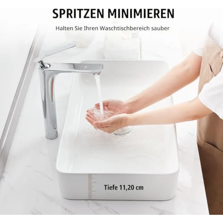 VEVOR Rechteckiges Aufsatzwaschbecken 61 x 35 cm, weißes Keramik-Waschbecken mit tiefem Spritzschutz und modernem Design für Badezimmer, Hotel – Bild 4