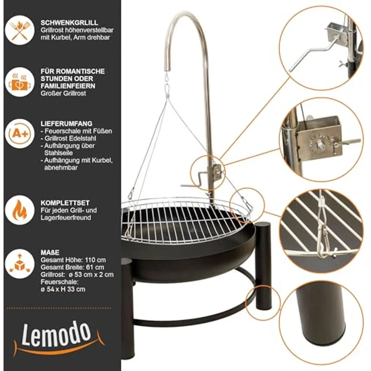 Feuerschale mit Holzkohlegrillrost, Schwenkgrill, 55 cm – Bild 2