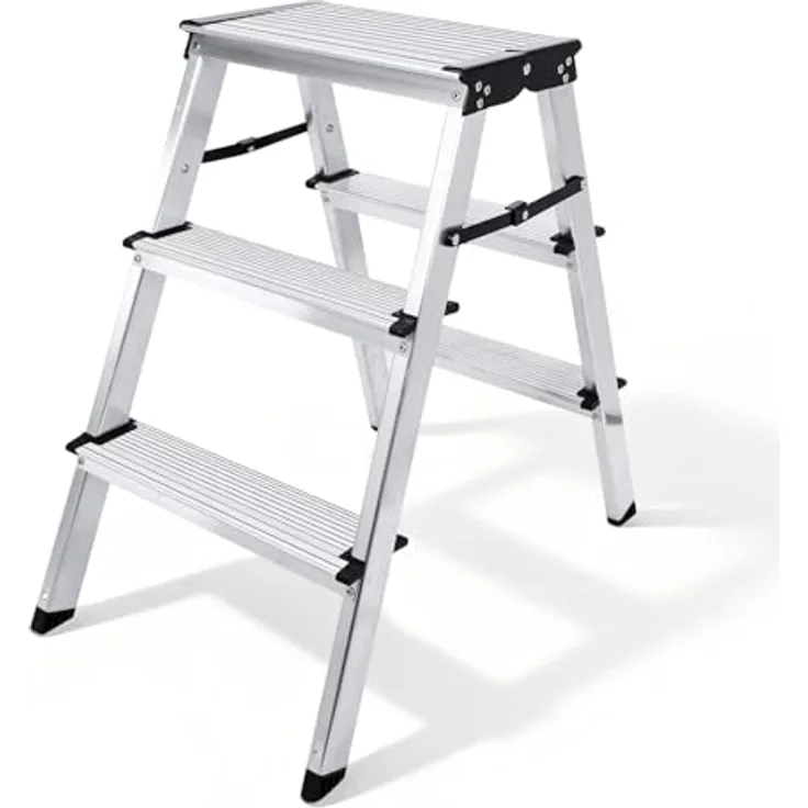 Sweetcrispy Aluminium Stehleiter, Trittleiter mit 3 rutschfesten Stufen, klappbar und leicht, bis 150 kg belastbar, Silber