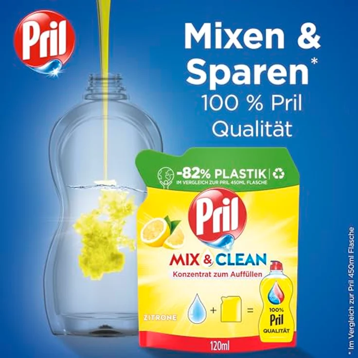 PRIL Original Konzentrat Mix & Clean, Geschirrspülmittel Zitrone 120 ml, Kalt-Aktiv-Formel, 82% weniger Plastik, recycelbare Verpackung – Bild 5