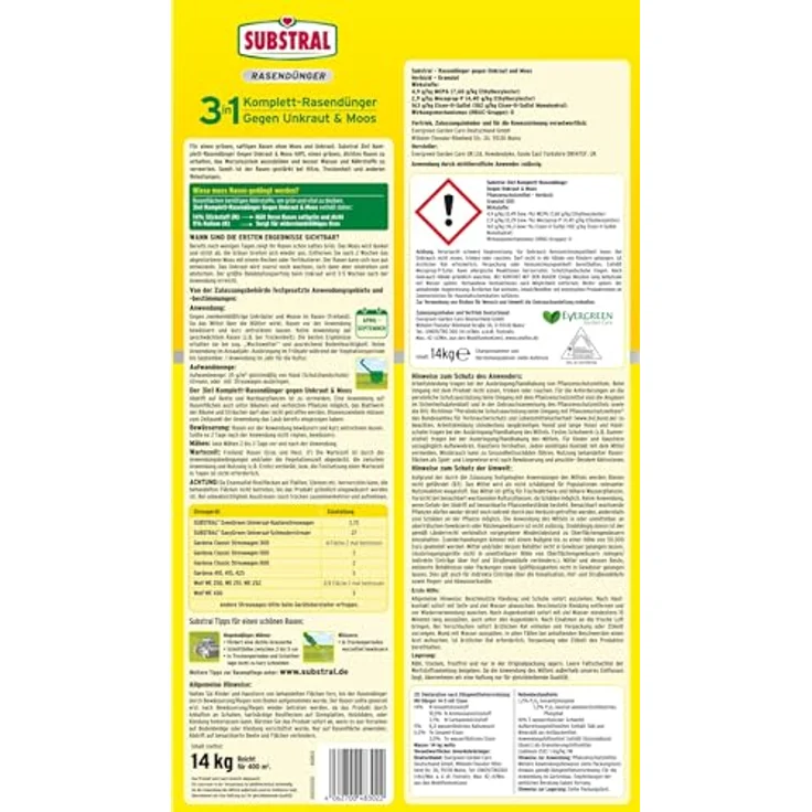 Substral 3in1 Komplettrasendünger, 14 kg für 400m² Rasenfläche, mit Unkraut- und Moosvernichter, spezielle Nährstoffformel für optimale Rasenpflege – Bild 2