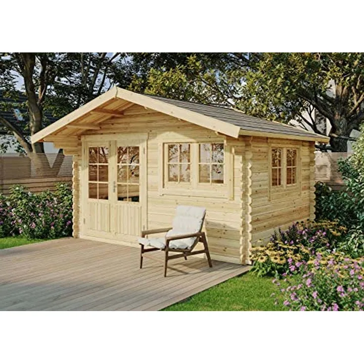 Gartenhaus Gabriel-34 mit Fußboden aus Holz, Gerätehaus 400x300, 10,07 m², 34 mm Wandstärke, Holzhaus in Blockbohlen-Bauweise inkl. Fenster, Doppelfenster und Leimholztür Naturbelassen