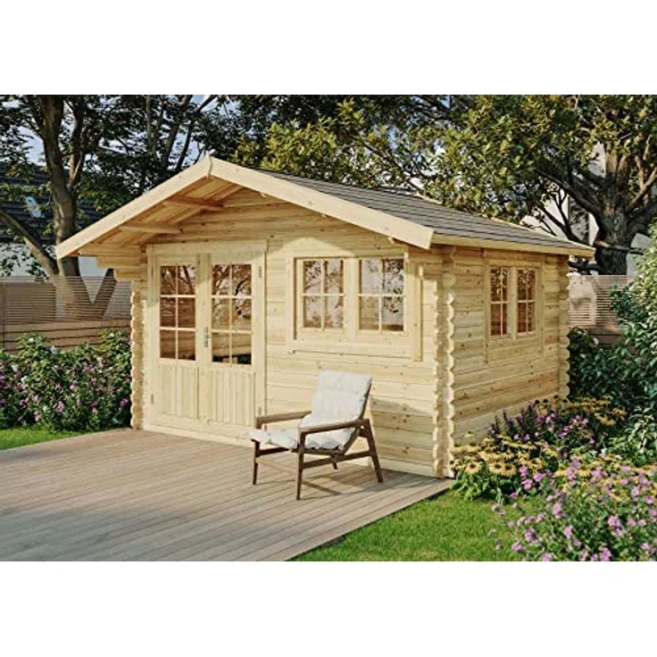 Gartenhaus Gabriel-34 mit Fußboden aus Holz, Gerätehaus 400x300, 10,07 m², 34 mm Wandstärke, Holzhaus in Blockbohlen-Bauweise inkl. Fenster, Doppelfenster und Leimholztür Naturbelassen – Bild 1
