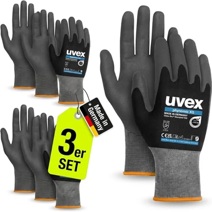 3 Paar uvex phynomic XG 60070 Arbeitshandschuhe Schutzhandschuhe Montagehandschuhe Griphandschuhe Gartenhandschuhe - EN388 - Größe: 10 XL – Bild 2