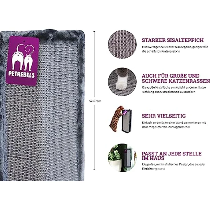 Petrebels Kratzbrett für Katzen 57 cm Höhe Qualität Sisal Eck-Kratzbrett mit Kratzteppich und Premium Plüsch für Zimmerecken in Geschenkbox Kratzbrett Wand Farbe Grau – Bild 2