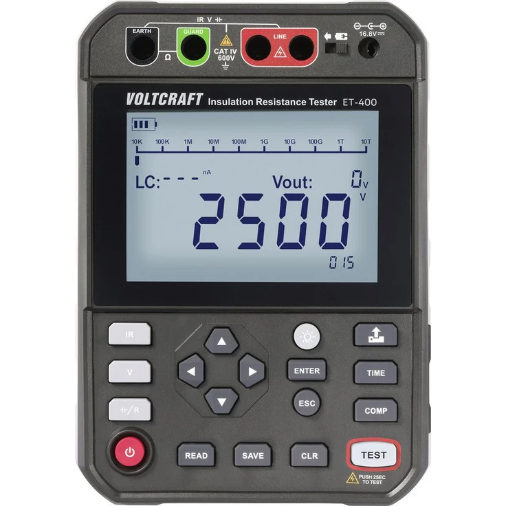 VOLTCRAFT ET-400 Isolationsmessgerät 2500 V, 2,5 TΩ, CAT IV 600 V, LCD-Display, USB-Datenspeicherung