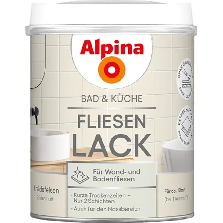 Alpina Fliesenlack 2K Kreidefelsen, seidenmatt, 750 ml, für den Nassbereich geeignet, wasserbasis, geruchslos, 10 m² bei 2 Anstrichen