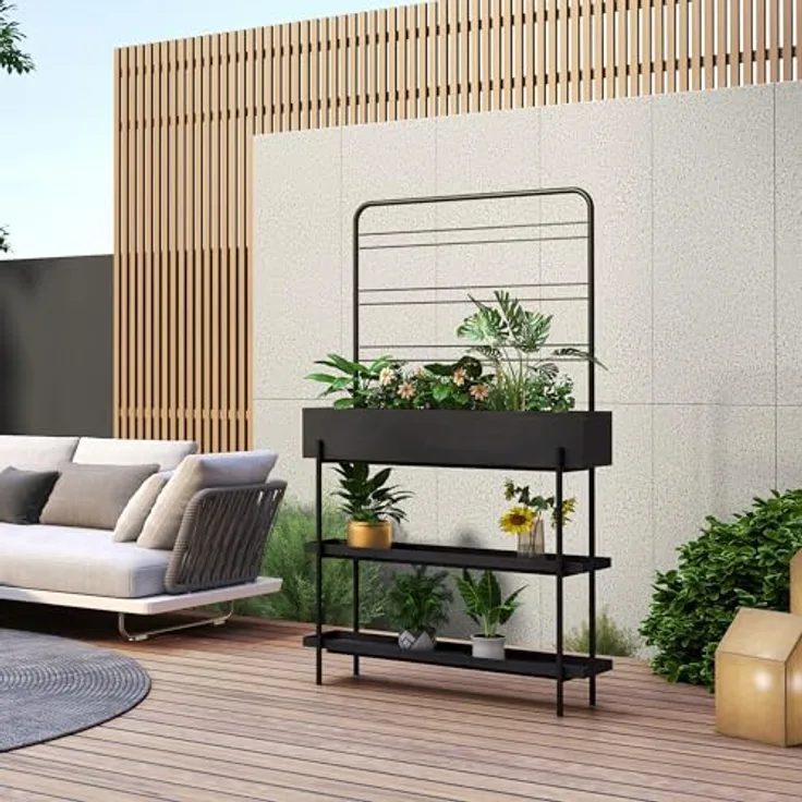 casa.pro Outdoor Pflanzenregal Aalsmeer, Pflanzenständer mit Blumenkasten und 2 Ablagen, Metall 154 x 96 x 24 cm, schwarz