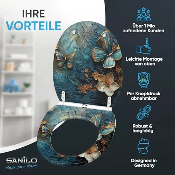 Sanilo WC Sitz mit Absenkautomatik Top Fix Mariposa, antibakterielle Holz-Oberfläche, verstellbare Scharniere, 4-seitiger Druck – Bild 2