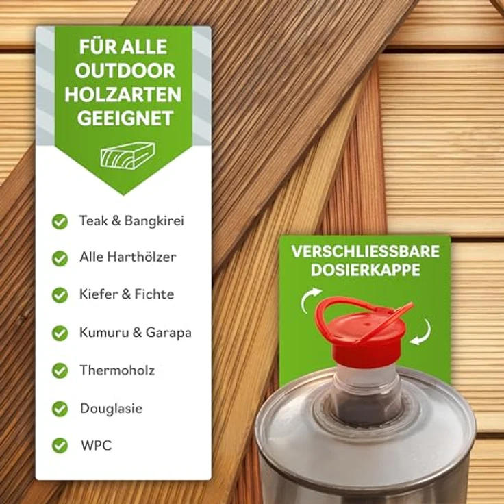 Nordicare Holzöl Außenbereich [5L] für Lärche, Eiche, Teak und Akazienholz, farbloses Holzschutzöl mit UV-Schutz und Pflegewirkung für Gartenmöbel und Holzoberflächen – Bild 5