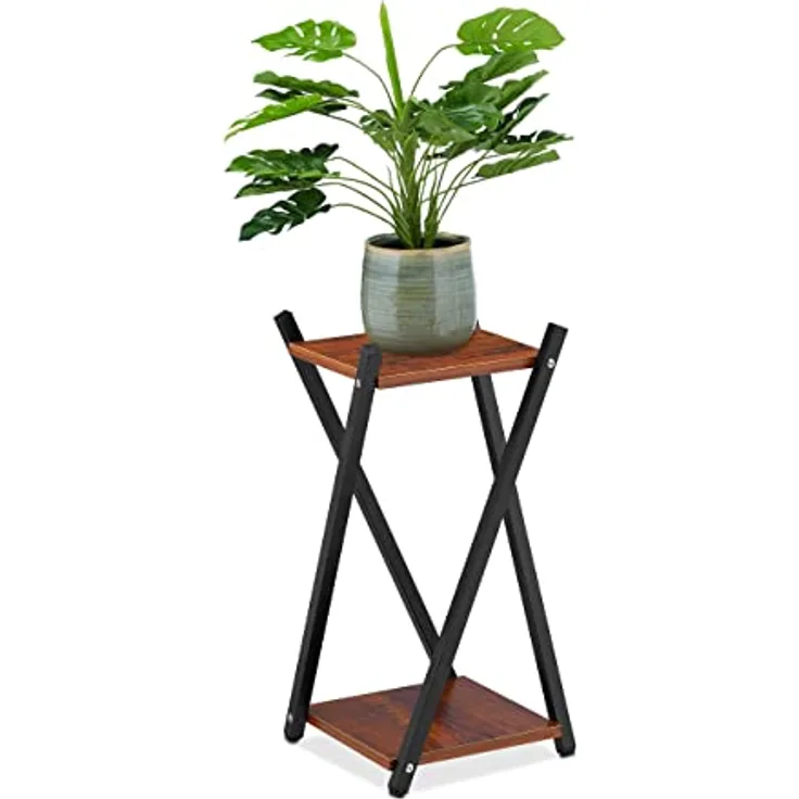 Relaxdays Blumenständer, 2 Etagen in Holzoptik, Metall, MDF, moderner Blumenhocker, 57 x 29 x 29 cm, schwarz/Dunkelbraun