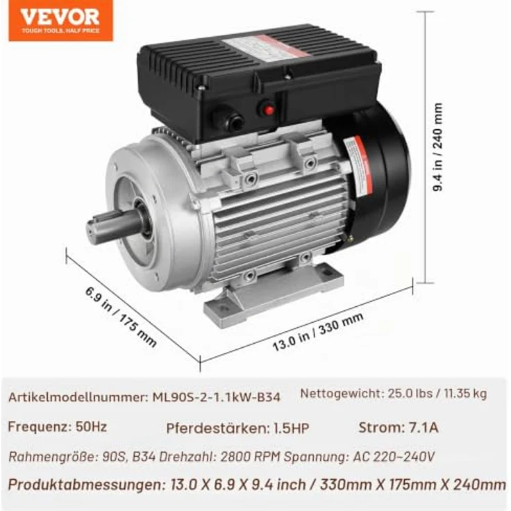 VEVOR 1,1 kW Elektromotor 2800 U/min, AC 220–240 V, einphasig, B34-Rahmen, Luftkompressormotor mit 24 mm Keilwelle, Rechts-/Linkslauf – Bild 7