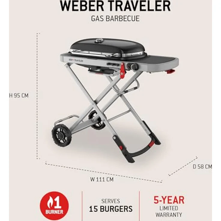 Weber Traveler Gasgrill (2026), Tragbares klappbares Design mit Rädern, 1 Brenner, 2065 cm² Grillfläche, Schwarz – Bild 5