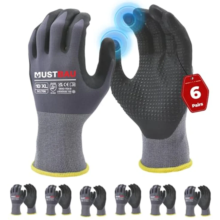 Mustbau Arbeitshandschuhe Schwarz, Nitril-beschichtet mit Touchscreen-Funktion, Größe XL, 6 Paare, ideal für Mechaniker, Gartenarbeit und Bauarbeiten – Bild 1