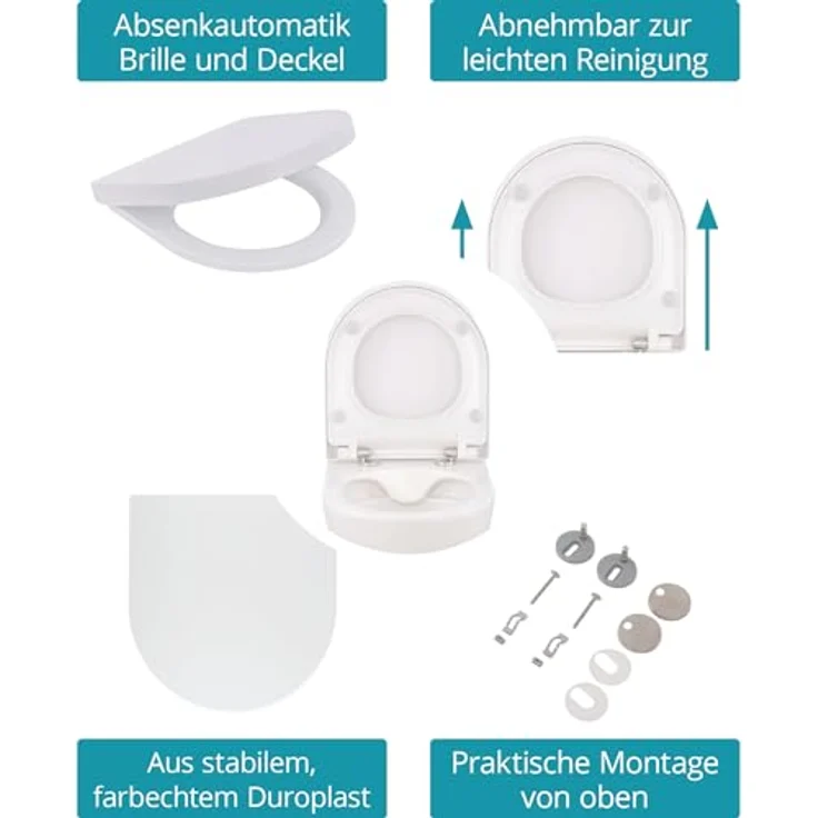 Calmwaters Tiefspül-WC, Wandhängend, Abgang Waagerecht, Raumspar WC 45 cm, spülrandlos, Absenkautomatik, Weiß – Bild 5