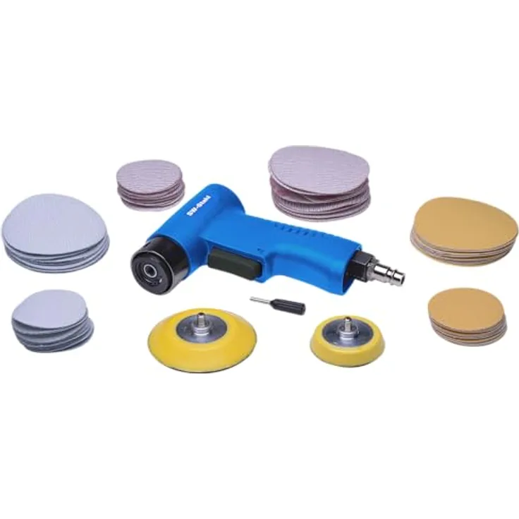 SW-Stahl S3293 Druckluft-Exzenterschleifer Set, 63-teiliges Druckluftwerkzeug mit 15.000 U/min, 2 Aufnahmescheiben (ø 50mm, ø 70mm) und 60 Schleifpapiere