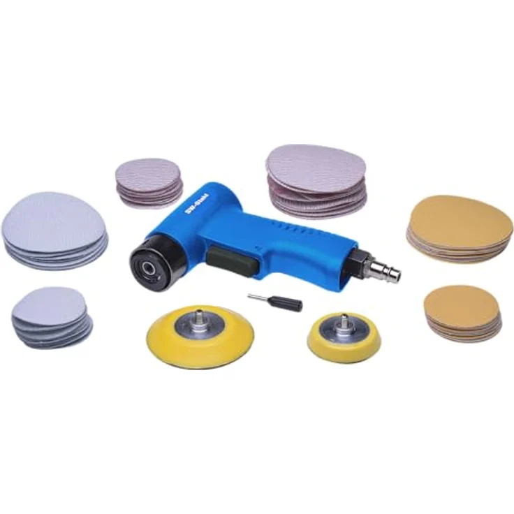 SW-Stahl S3293 Druckluft-Exzenterschleifer Set, 63-teiliges Druckluftwerkzeug mit 15.000 U/min, 2 Aufnahmescheiben (ø 50mm, ø 70mm) und 60 Schleifpapiere – Bild 1