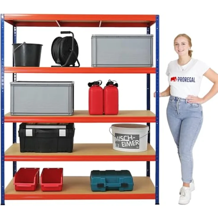 Proregal Schwerlastregal Mega Deal Giant Elephant, 5 Fachböden, Traglast 200 kg pro Boden, H 180 x B 150 x T 60 cm, Blau-Orange – Bild 3