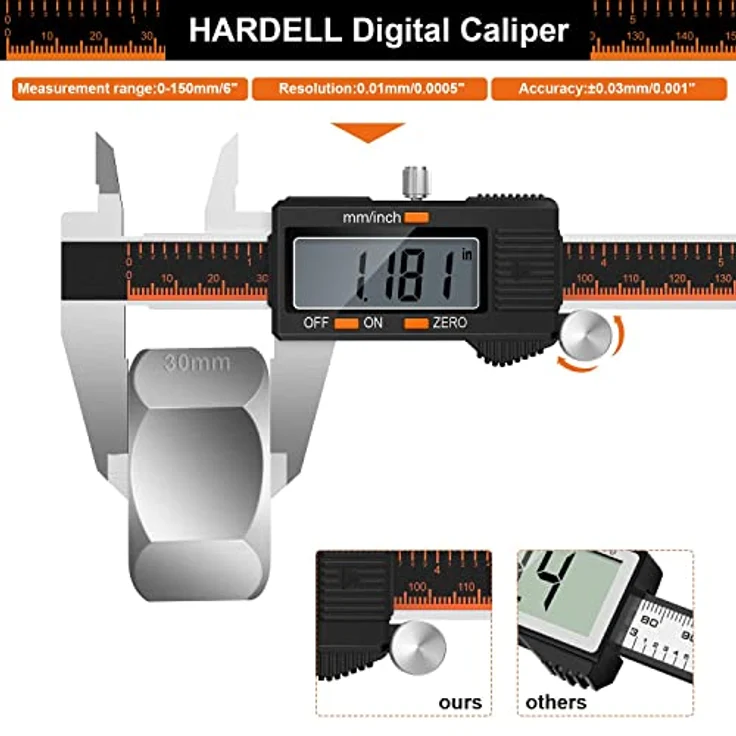 HARDELL Messschieber Digital 150mm – Edelstahl Schieblehre, spritzwassergeschützt, staubdicht, mit LCD, mm/Zoll-Umwandlung & Nullstellfunktion, perfekt für Werkstatt, 3D-Druck & Kfz. – Bild 2