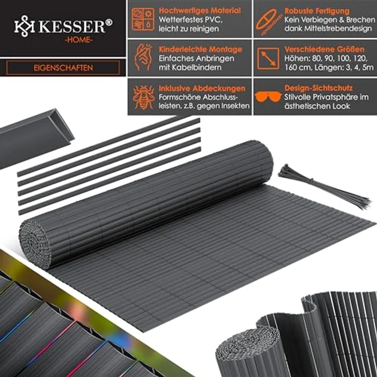 KESSER PVC Sichtschutzmatte Sichtschutzzaun Balkonverkleidung Windschutz Wetterfest verstärkten Lamellen, für Garten, Balkon Terrasse Outdoor Balkonumrandung mit Kabelbindern Schwarz, 100 x 300 cm – Bild 2
