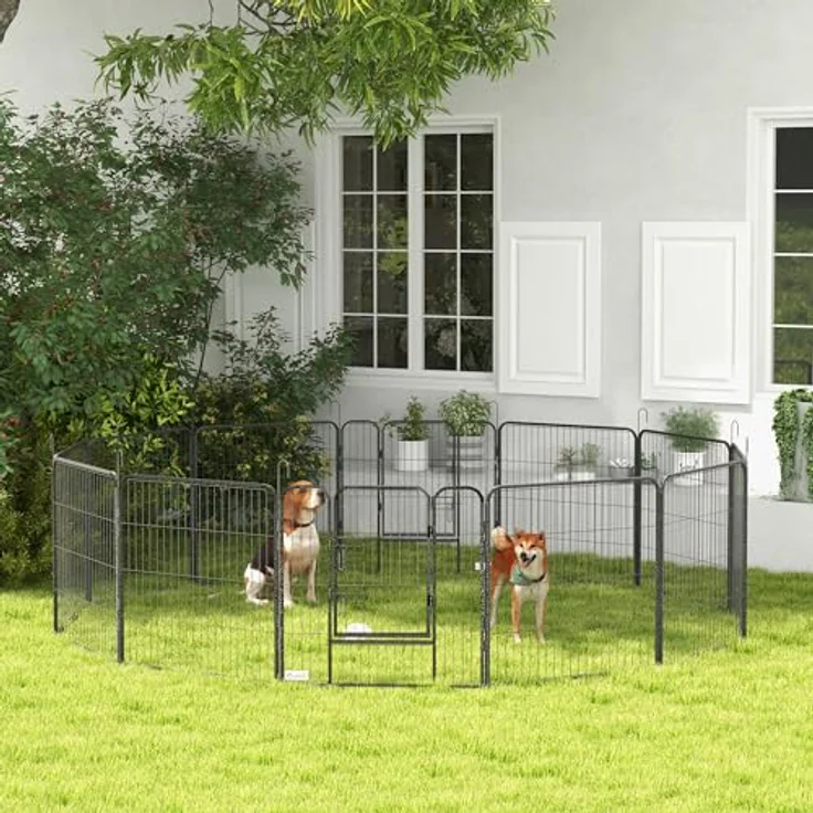 PawHut Welpenauslauf 80 cm Hoch, 12-TLG Welpenlaufstall mit 2 Tür, DIY Hundelaufstall Freilaufgehege für mittelgroße Hunde, Kaninchen, Meerschweinchen, Stahl, Grau – Bild 2