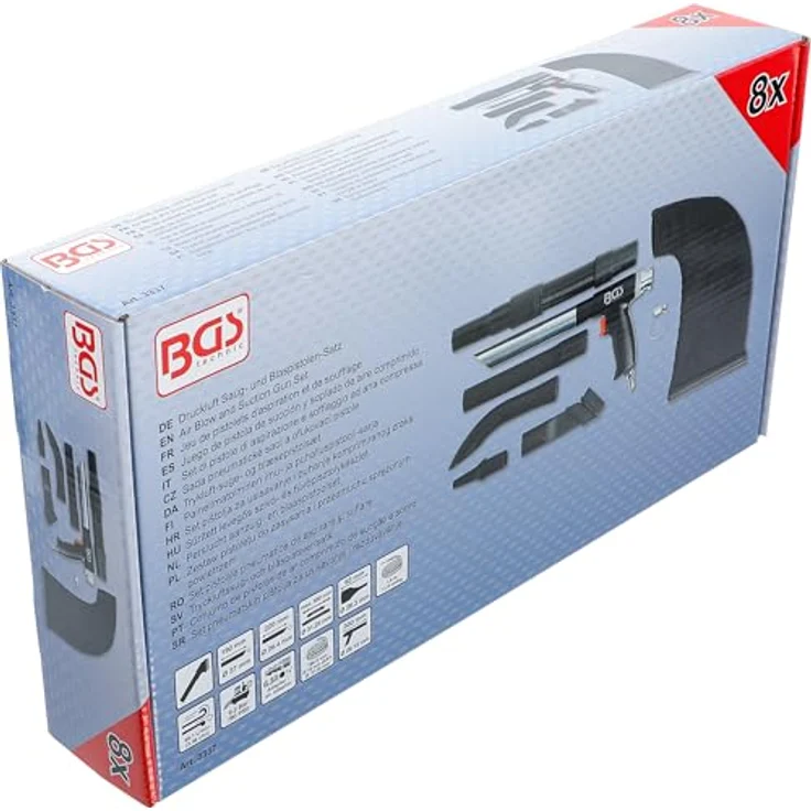 BGS Druckluftaufsatz, Druckluft-Saug- / Blaspistole umschaltbar, 8-tlg. Set mit Metallgehäuse, flexiblen Verlängerungen und Düsen – Bild 9