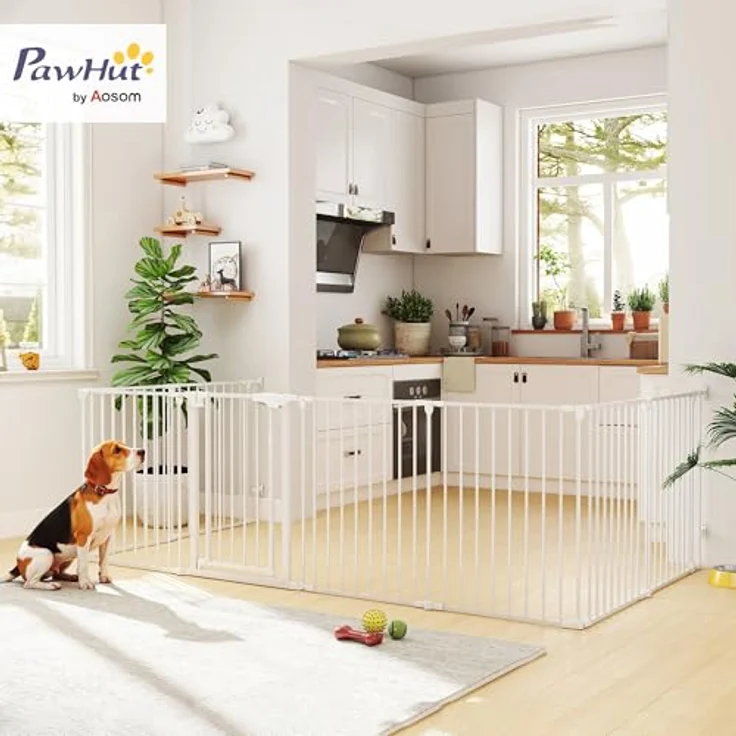 PawHut Welpenauslauf, 6-teilig Welpenlaufstall mit Tür und Doppelverriegelungssystem, faltbar, 61x75 cm, für kleine und mittelgroße Hunde, Weiß – Bild 2