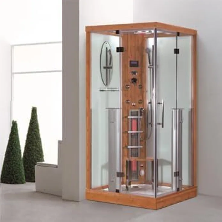 PureHaven 2in1 Dampfdusche & Infrarotsauna Kansas, 100x100x215 cm, Aluminiumrahmen, Tropenbrause, Sitzfläche, Radio, Massagefunktion, holzfarben