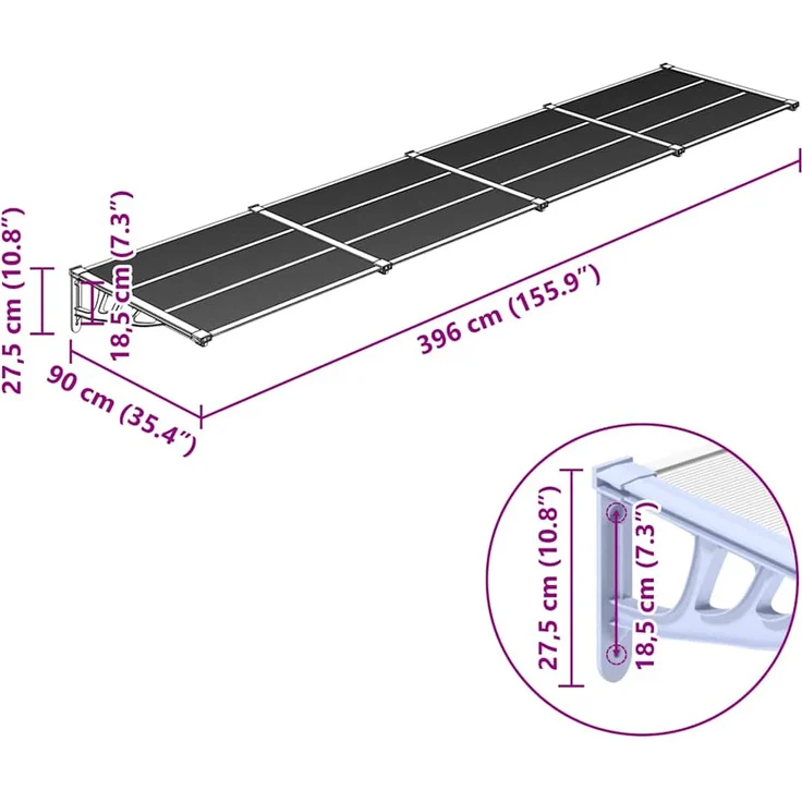 vidaXL Türvordach Grau und Transparent 396x90 cm Polycarbonat, wetterfest und korrosionsbeständig – Bild 1