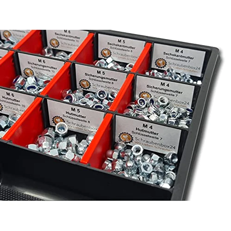 Muttern Sortiment M4-M5-M6-M8-M10-M12 554 tlg. Schraubenbox - Preisvergleich – Bild 2
